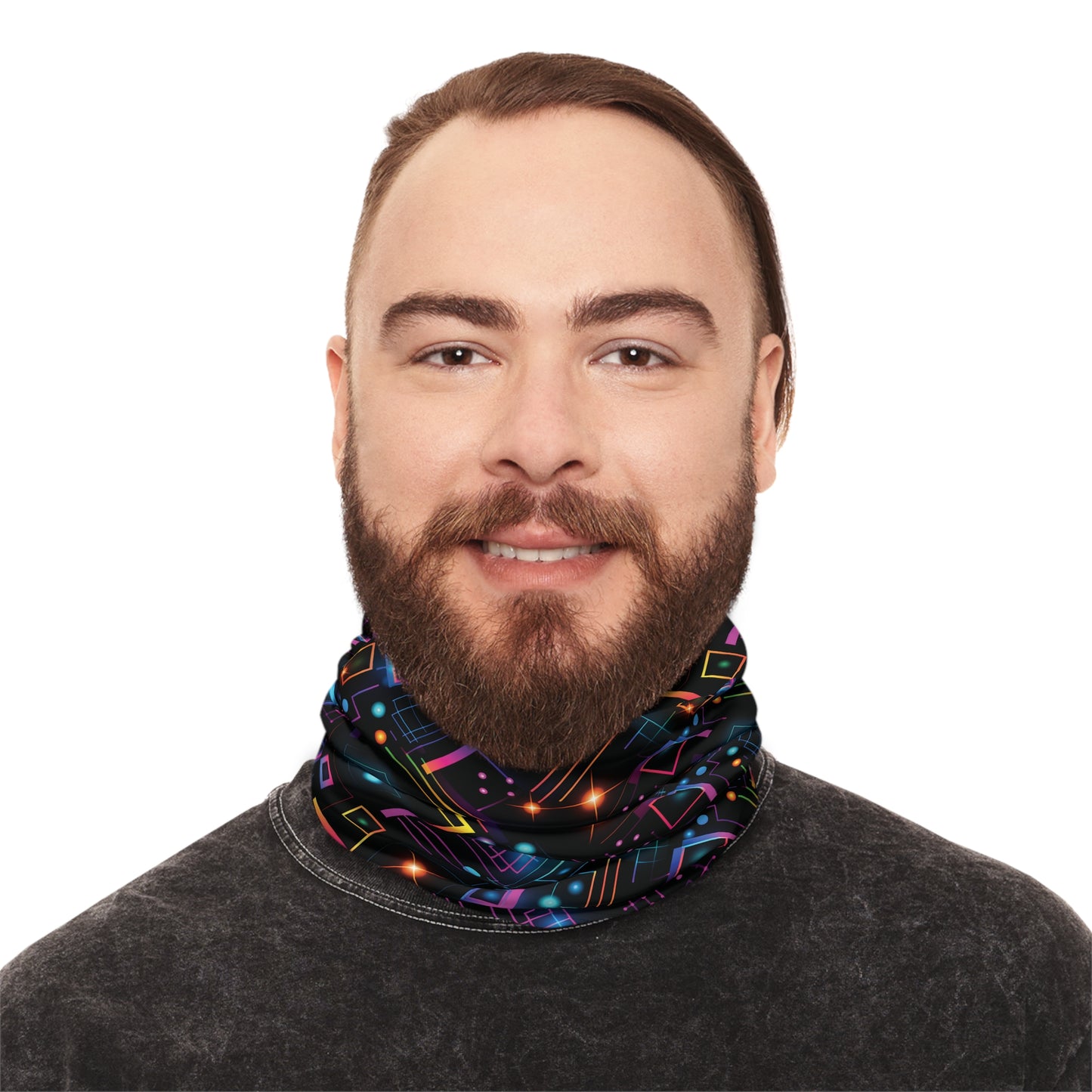 "A tiling pattern of abstract geometric shapes in neon colors with laser beam accents on a black background" - Lightweight Neck Gaiter