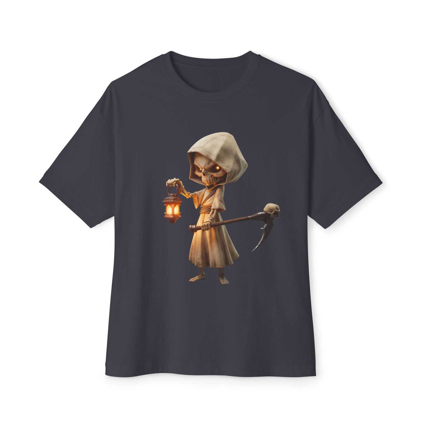 Lantern-Bearing Reaper Oversized Boxy Tee – Hooded Sentinel with Scythe and Warm Glow