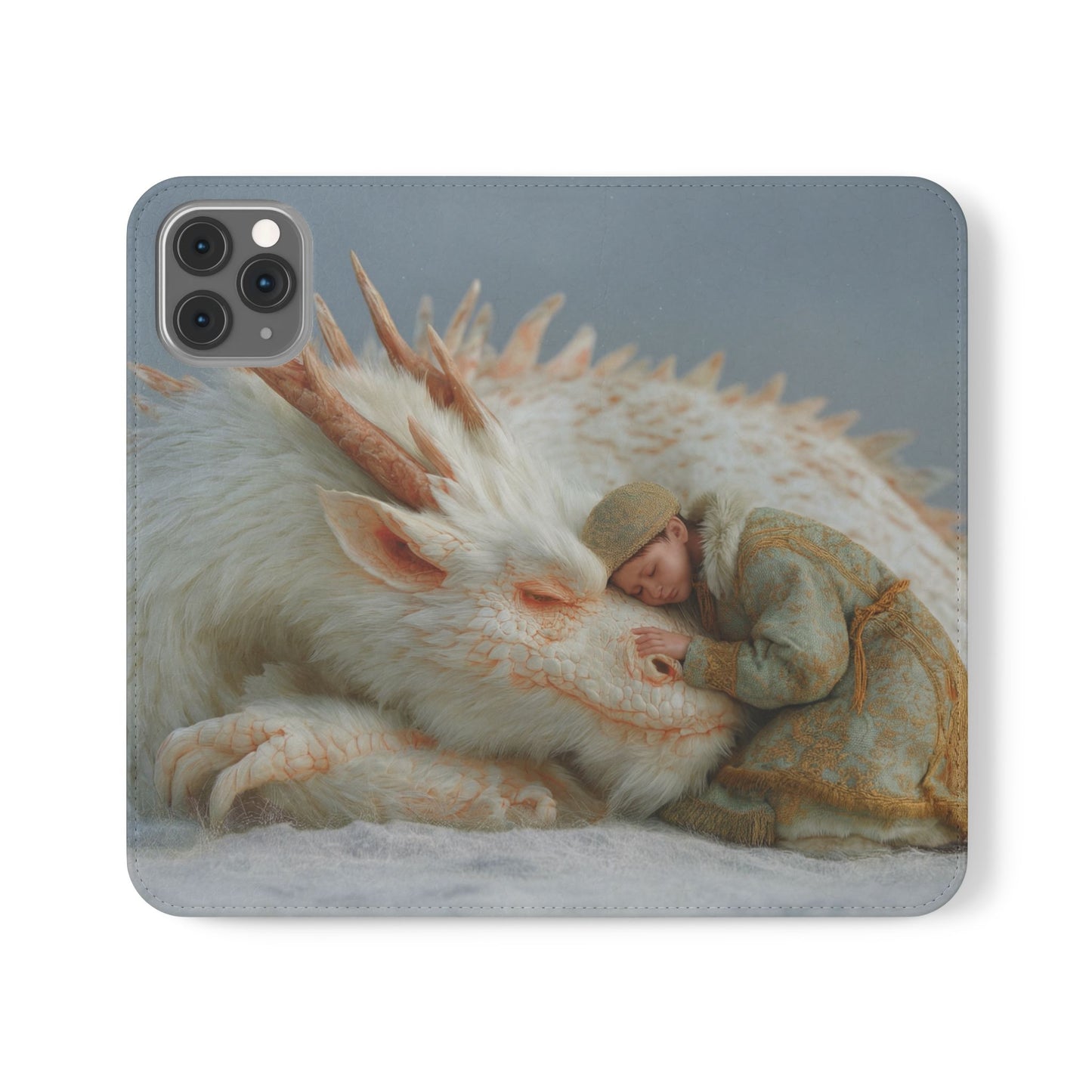 Sleeping Child and Dragon Flip Cases – Snowy Guardian Embrace