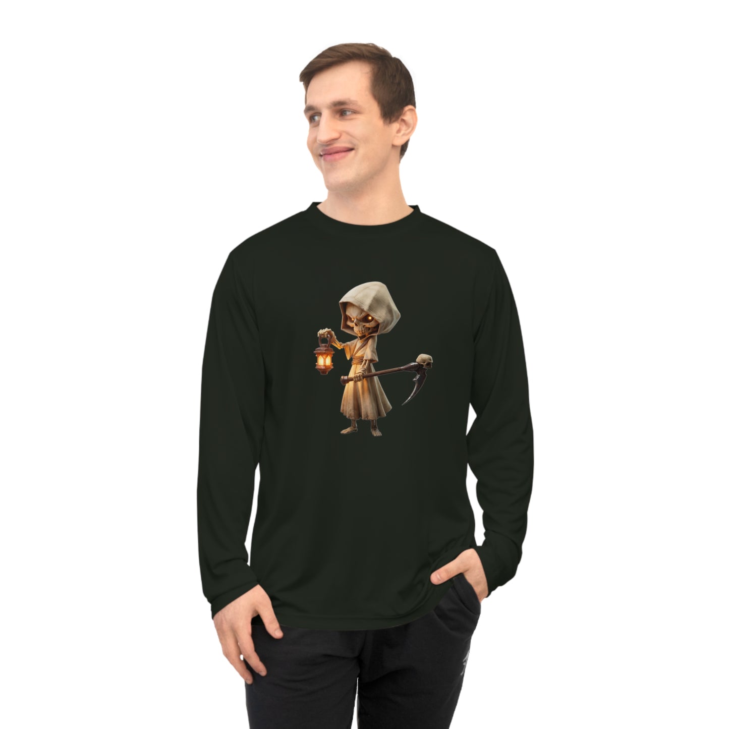Lantern-Bearing Sentinel Unisex Performance Long Sleeve Shirt – Hooded Skeleton with Scythe and Warm Glow