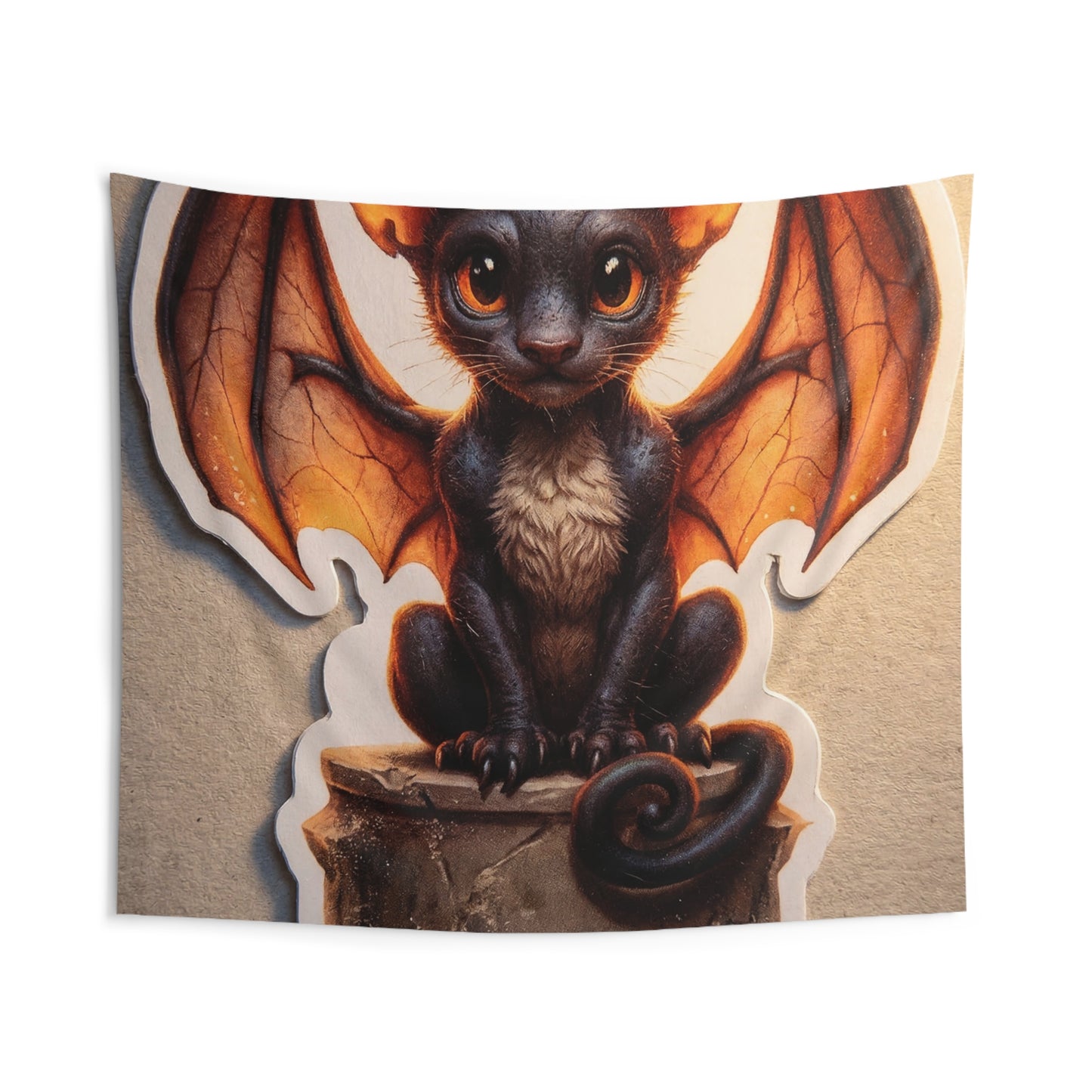 Winged Feline Sentinel Indoor Wall Tapestries – Warm Glow in Midnight Wings