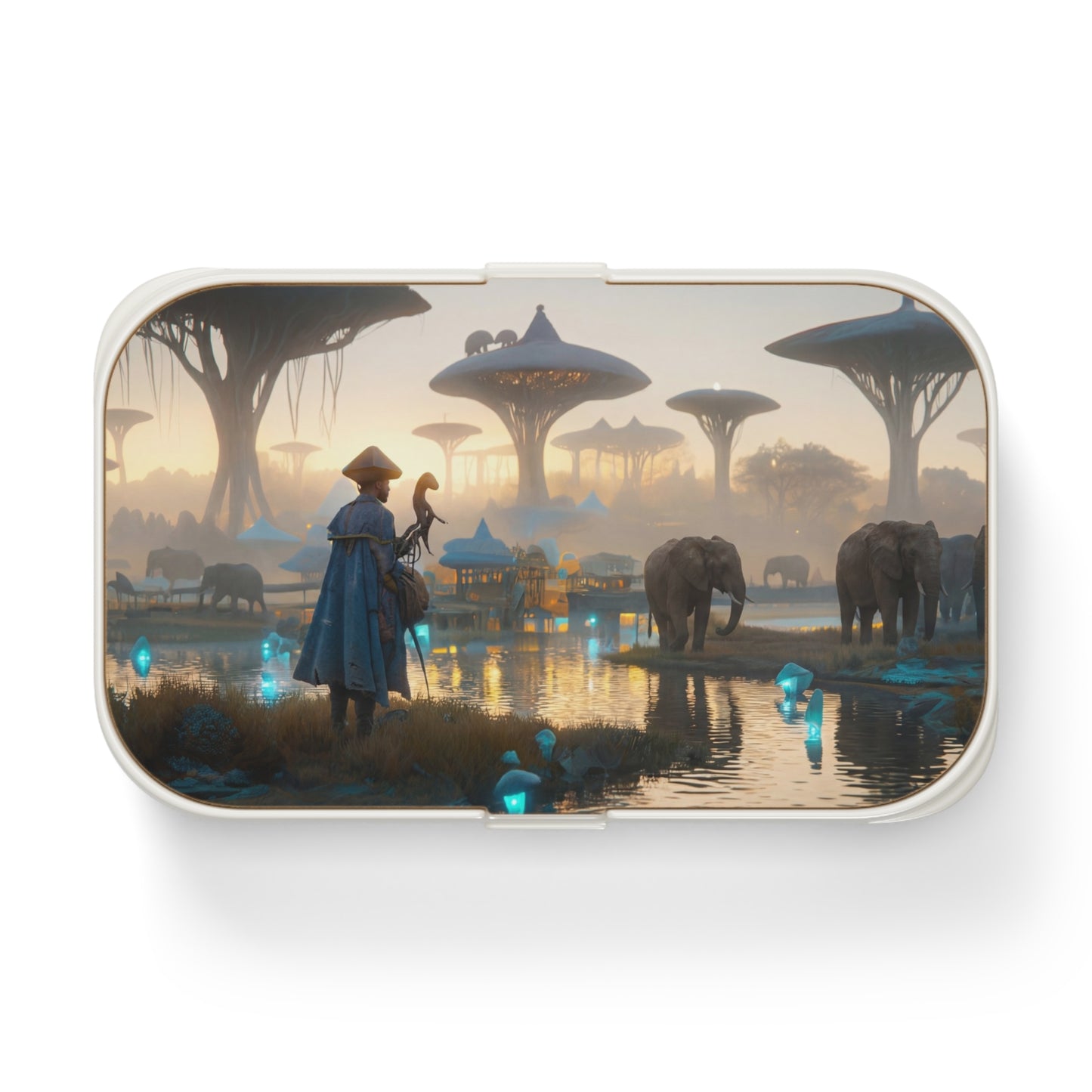 Eldritch River Guide Bento Lunch Box – Twilight Oasis with Bioluminescent Elephants