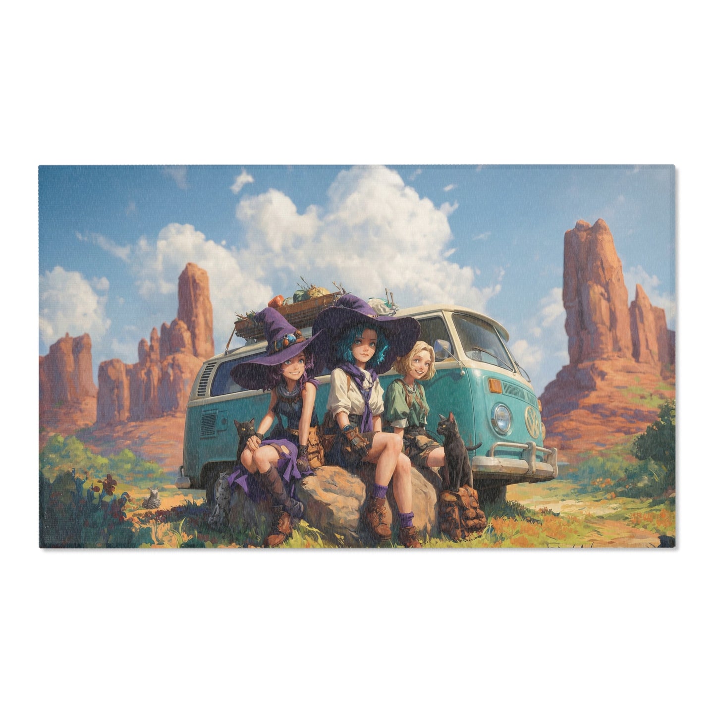Witch’s Road Trip Area Rugs – Sun-Drenched Van and Three Witches’ Rest