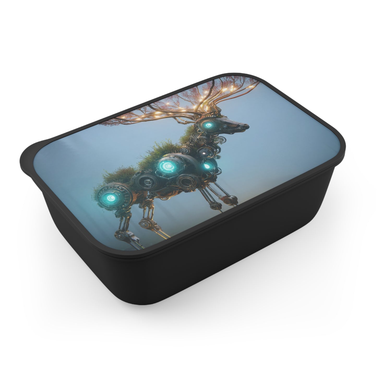 Cybernetic Forest Stag PLA Bento Box with Band and Utensils – Glowing Circuitry & Blooming Antlers