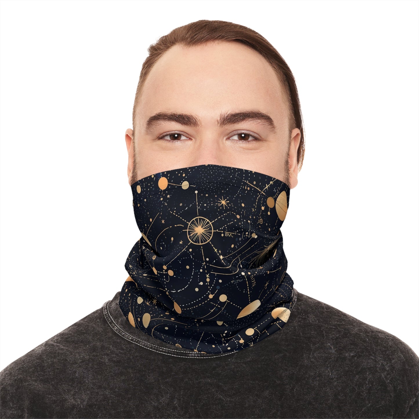 "A detailed star map pattern with constellations interconnected by delicate lines, using a color palette of deep indigo, midnight blue, and accents of silver and gold." - Lightweight Neck Gaiter