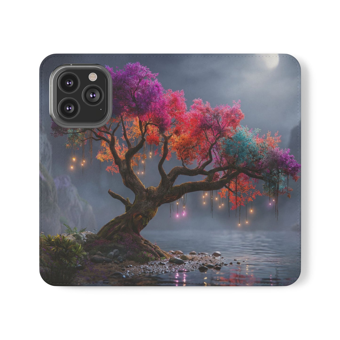Chromatic Canopy Flip Cases – Rainbow Tree Moonlit Waterfall Scene