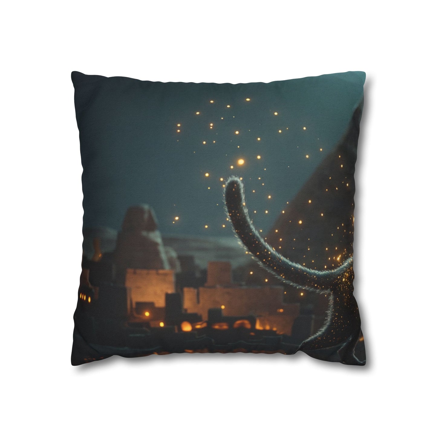Starlit Cat by Pyramids Spun Polyester Square Pillowcase – Ancient Nightwalk Dreamscape