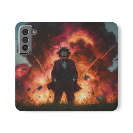 Goggles & Chaos Flip Cases – Purple Suit Amidst Fiery Explosion