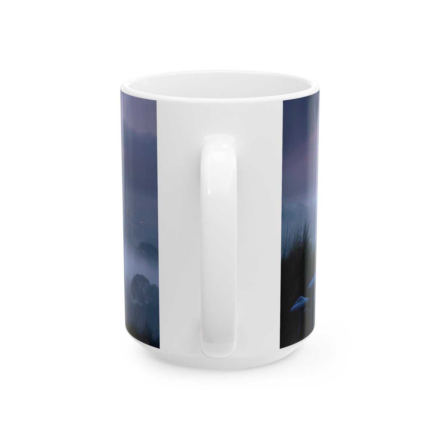 Moonlit Sentinel Ceramic Mug – City Glow Through Fungal Twilight