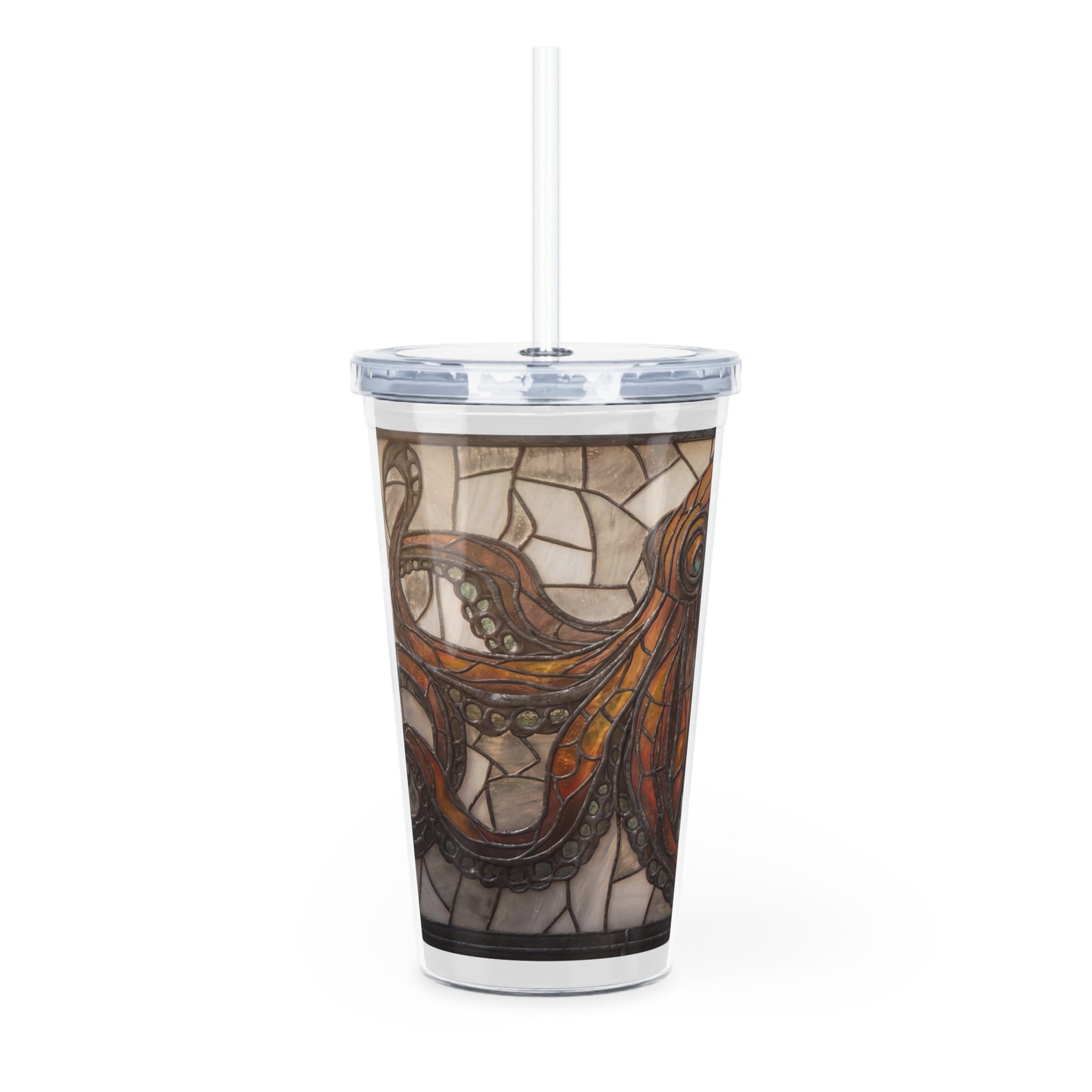Stained Glass Octopus Plastic Tumbler with Straw – Amber Depths & Iron Lace