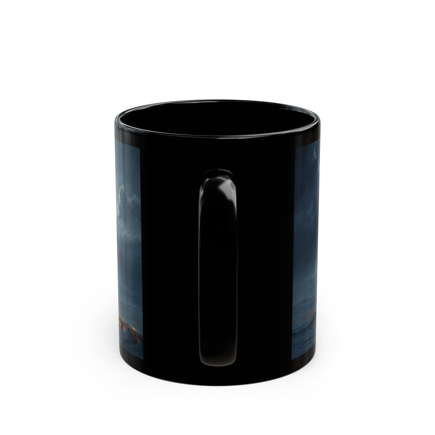 Moonlit Sleigh Ride Black Mug – Winter’s Silent Journey Over Snowy Peaks