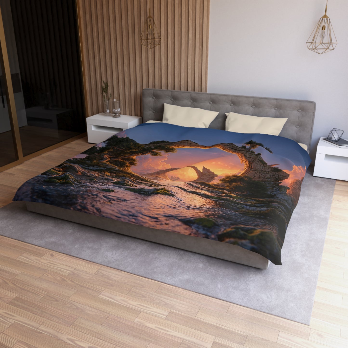 Stone Archway Duvet Cover – Sunset Gateway Through Ancient Peaks