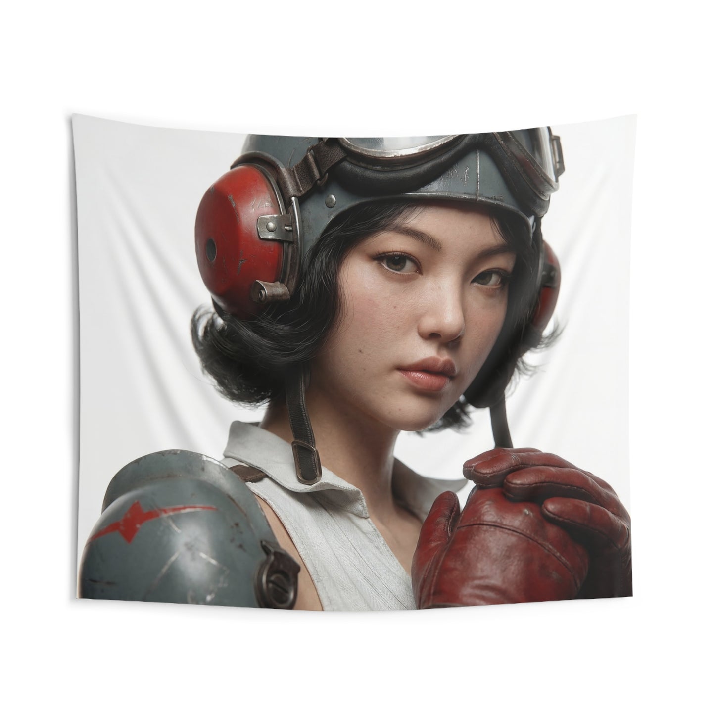 Vintage Pilot Portrait Indoor Wall Tapestries – Steel Goggles & Crimson Gloves