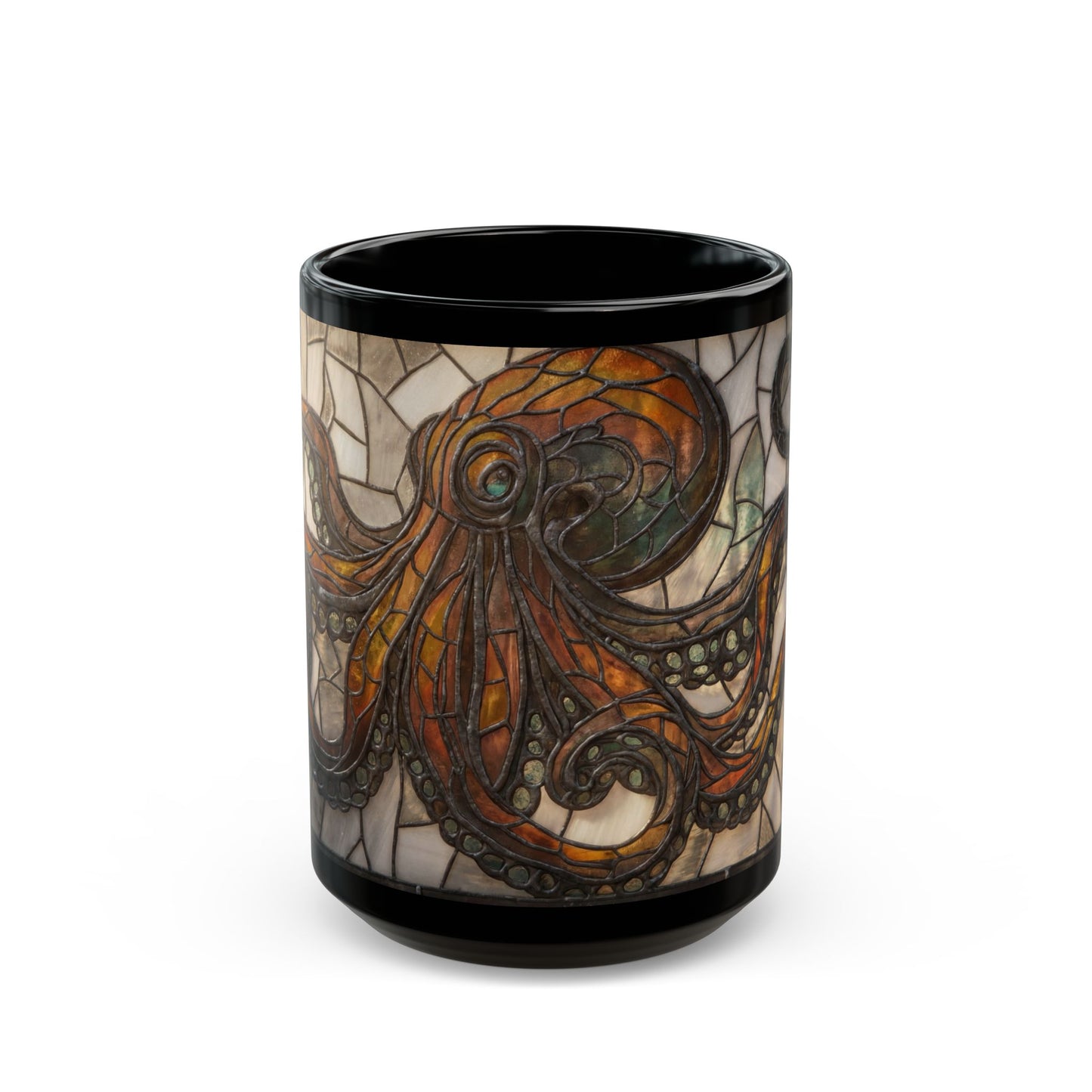Art Nouveau Octopus Stained Glass Mug – Warm Amber Depths Design