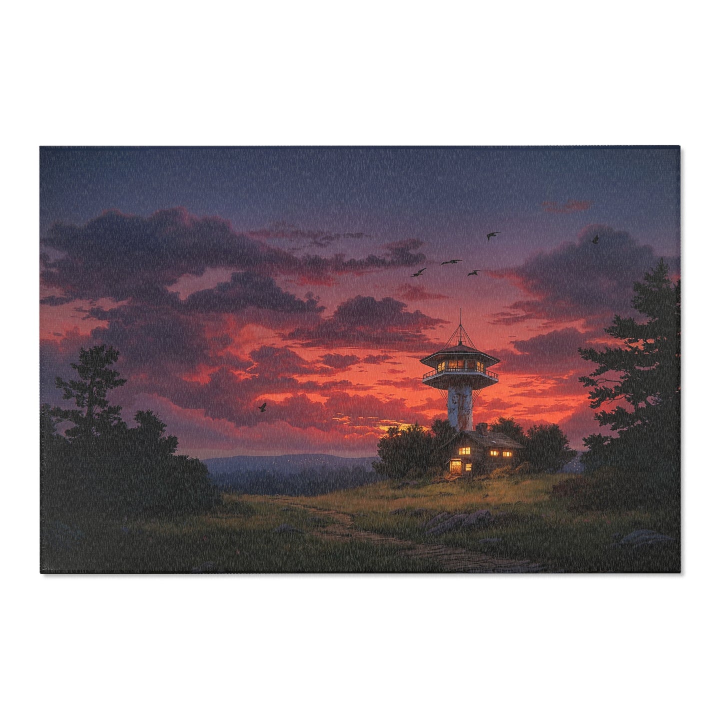Sunset Sentinel Tower Rug – Warm Glow Over Mountain Path