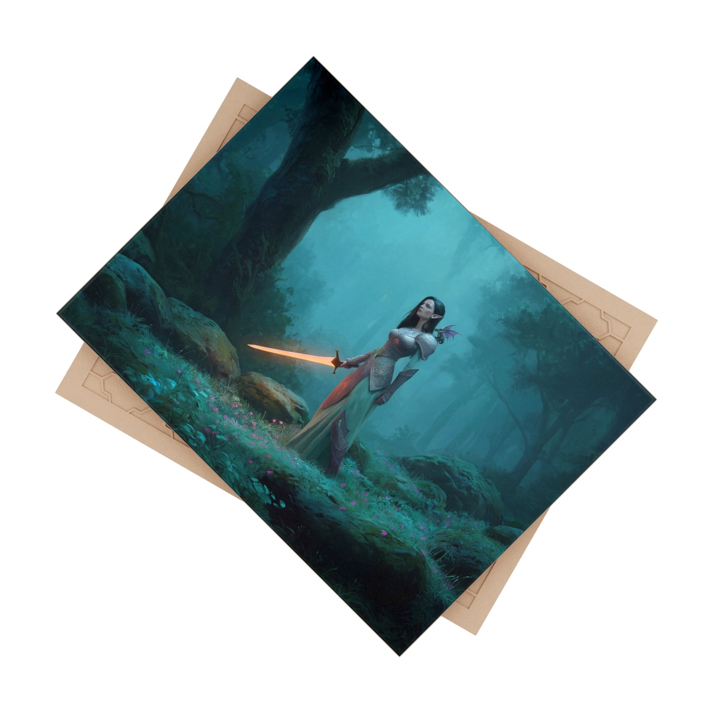 Elven Warrior with Glowing Sword Ceramic Photo Tile – Twilight Guardian of the Misty Grove