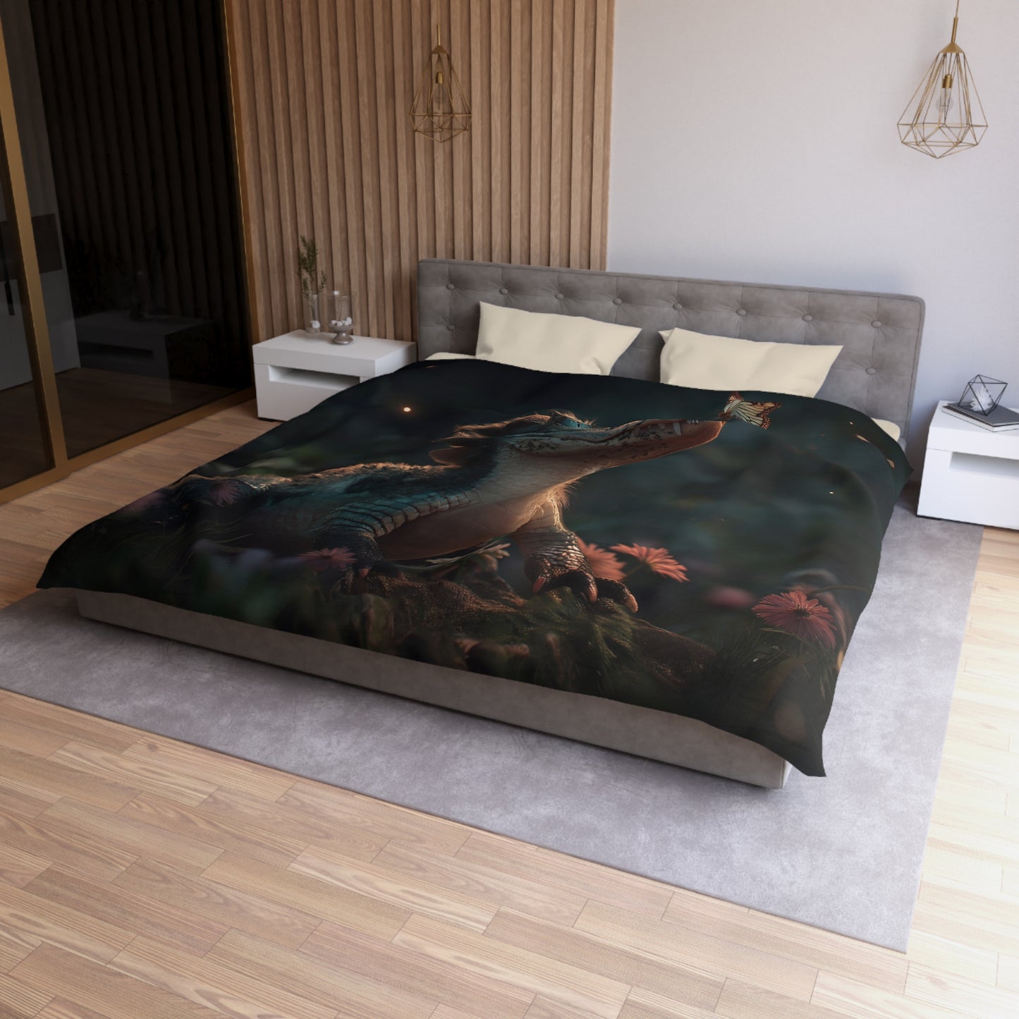 Gentle Croc and Butterfly Duvet Cover – Twilight Meadow Dreamscape