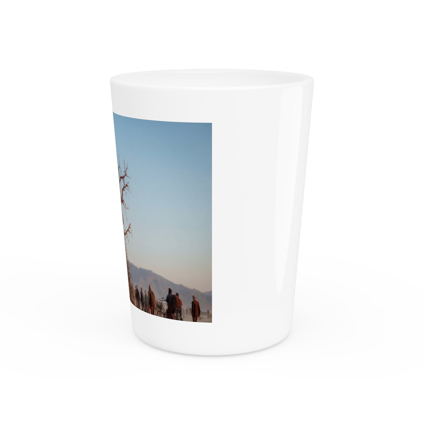 Clock Tower Wanderers Shot Glass – Desert Pilgrims and Rustic Timepiece