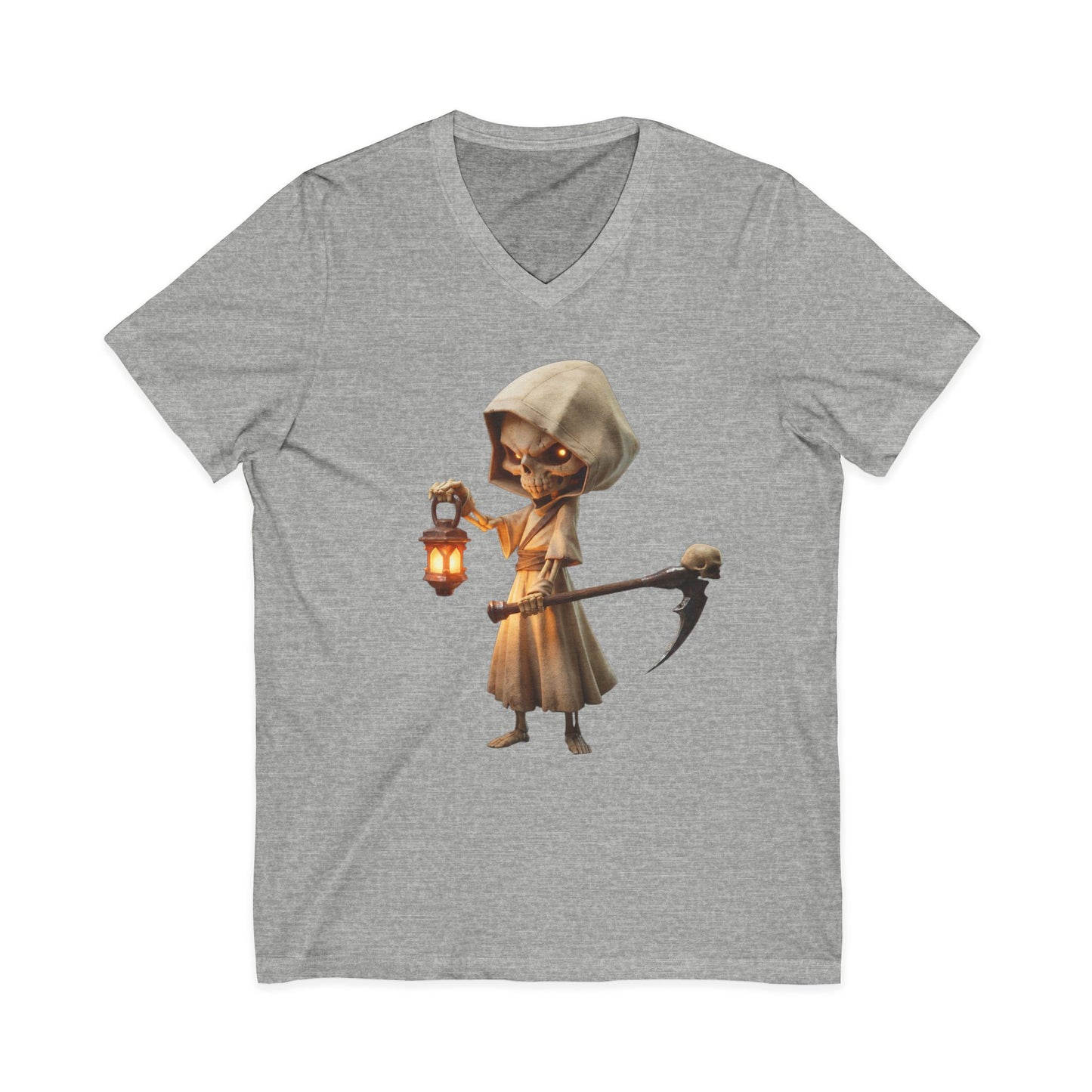 Lantern-Bearing Skeleton Hooded Tee – Rustic Reaper Guardian V-Neck Shirt