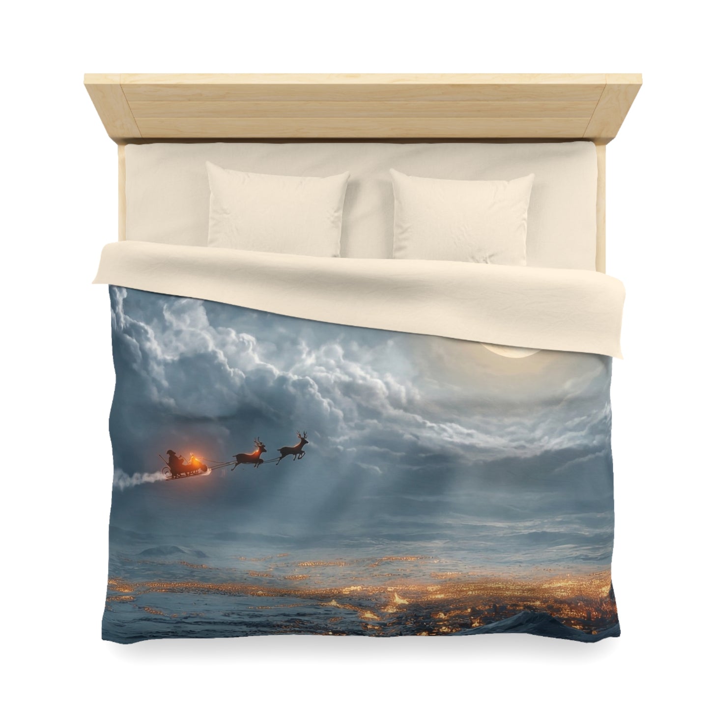 Lunar Sleigh Ride Microfiber Duvet Cover – Midnight Deliveries Over Frost-Covered Towns