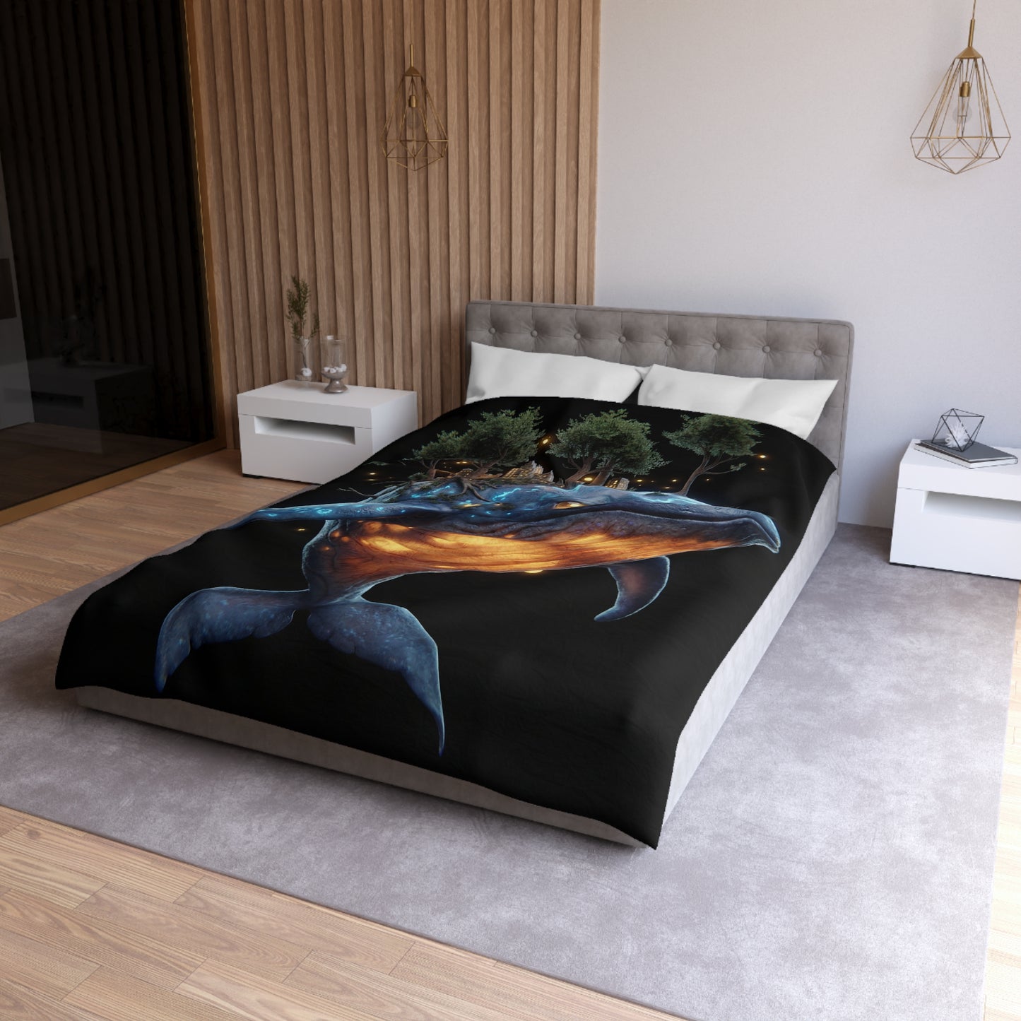 Bioluminescent Whale Sanctuary Duvet Cover – Floating City on a Gentle Giant