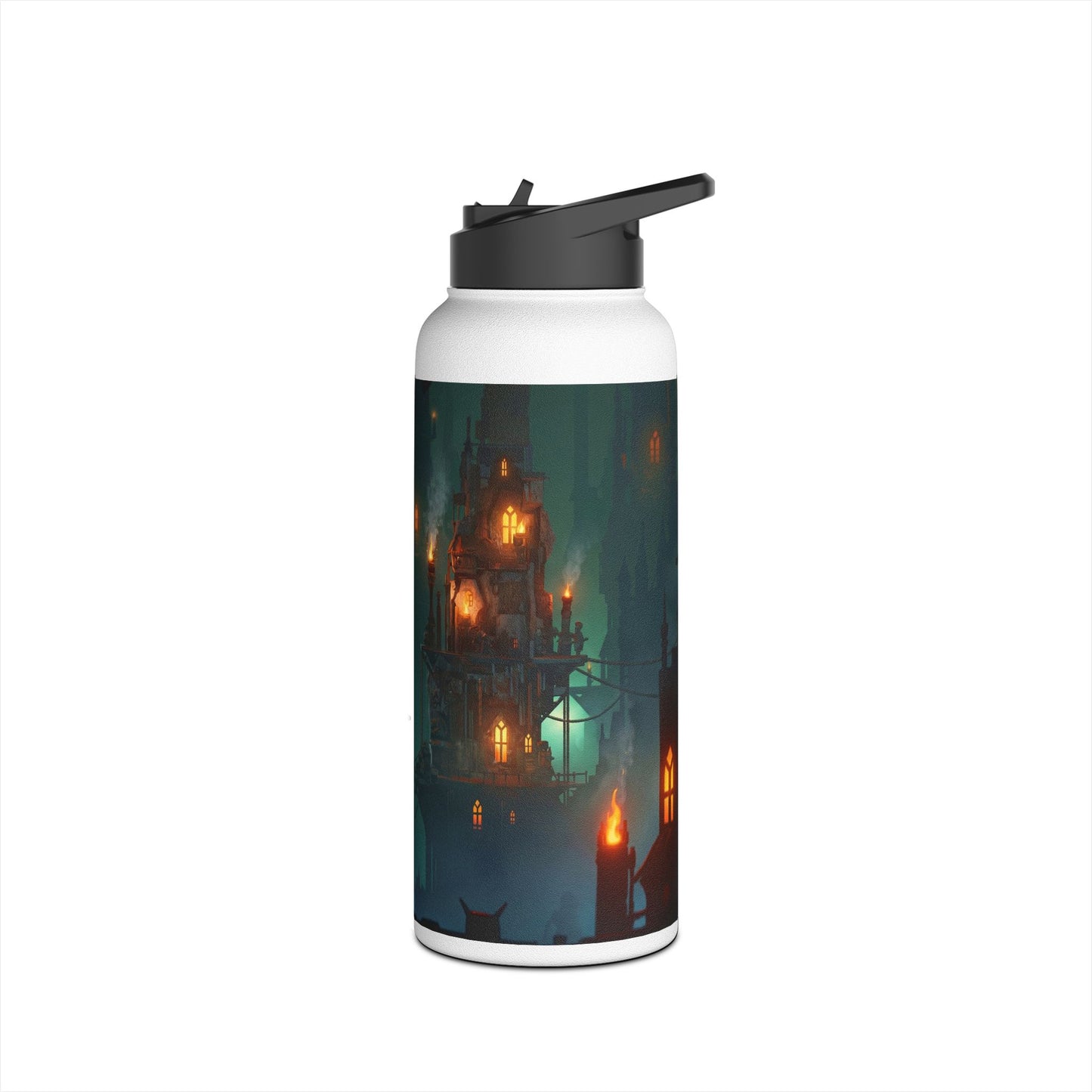 Floating City at Dusk Stainless Steel Water Bottle – Warm Lights Among the Mist