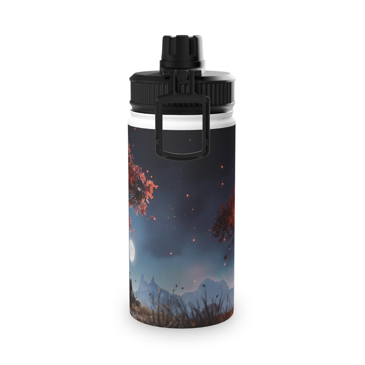 Whispering Ember Tree Stainless Steel Water Bottle, Sports Lid – Moonlit Campfire Sanctuary