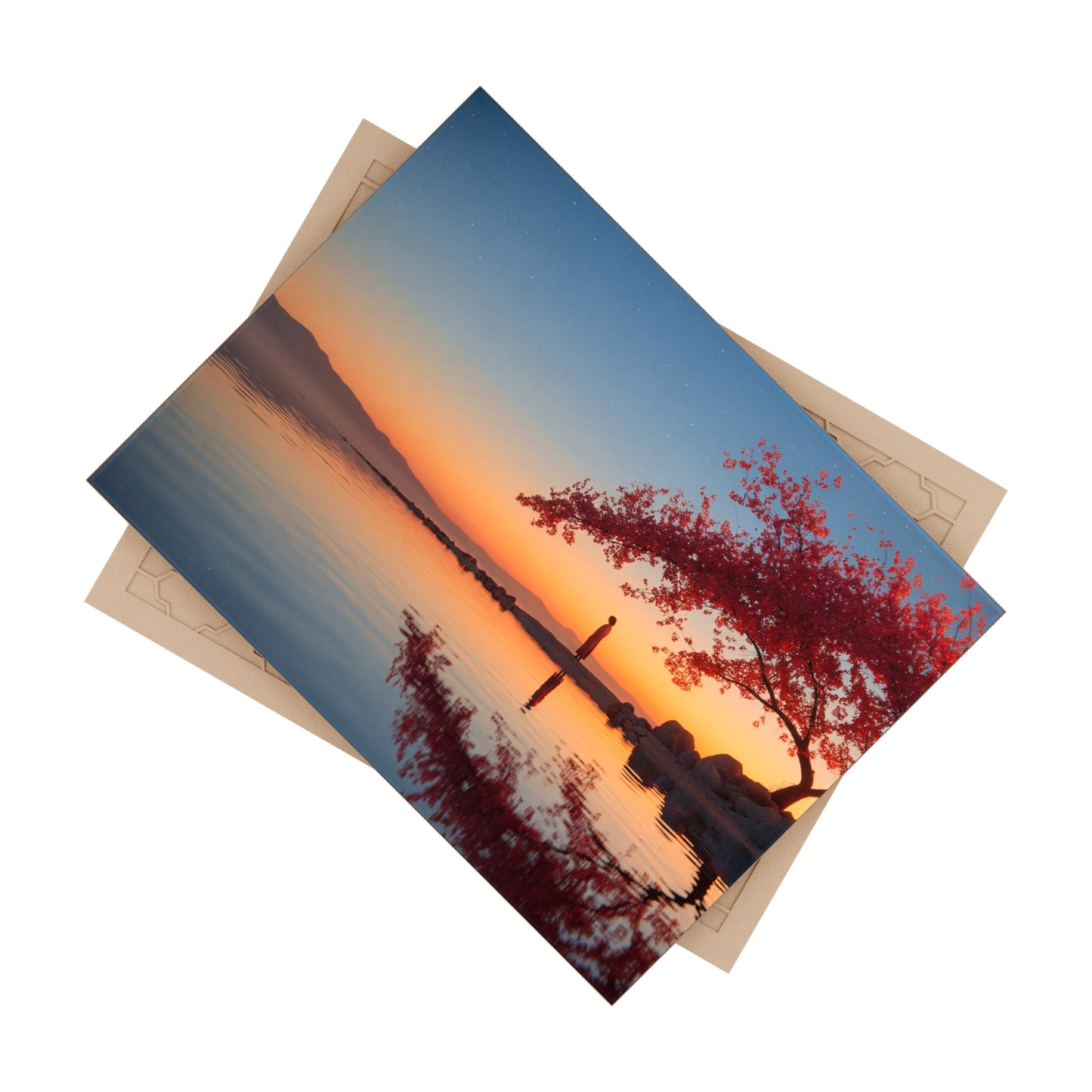 Cherry Blossom Sentinel Ceramic Photo Tile – Twilight Reflections by the Lake