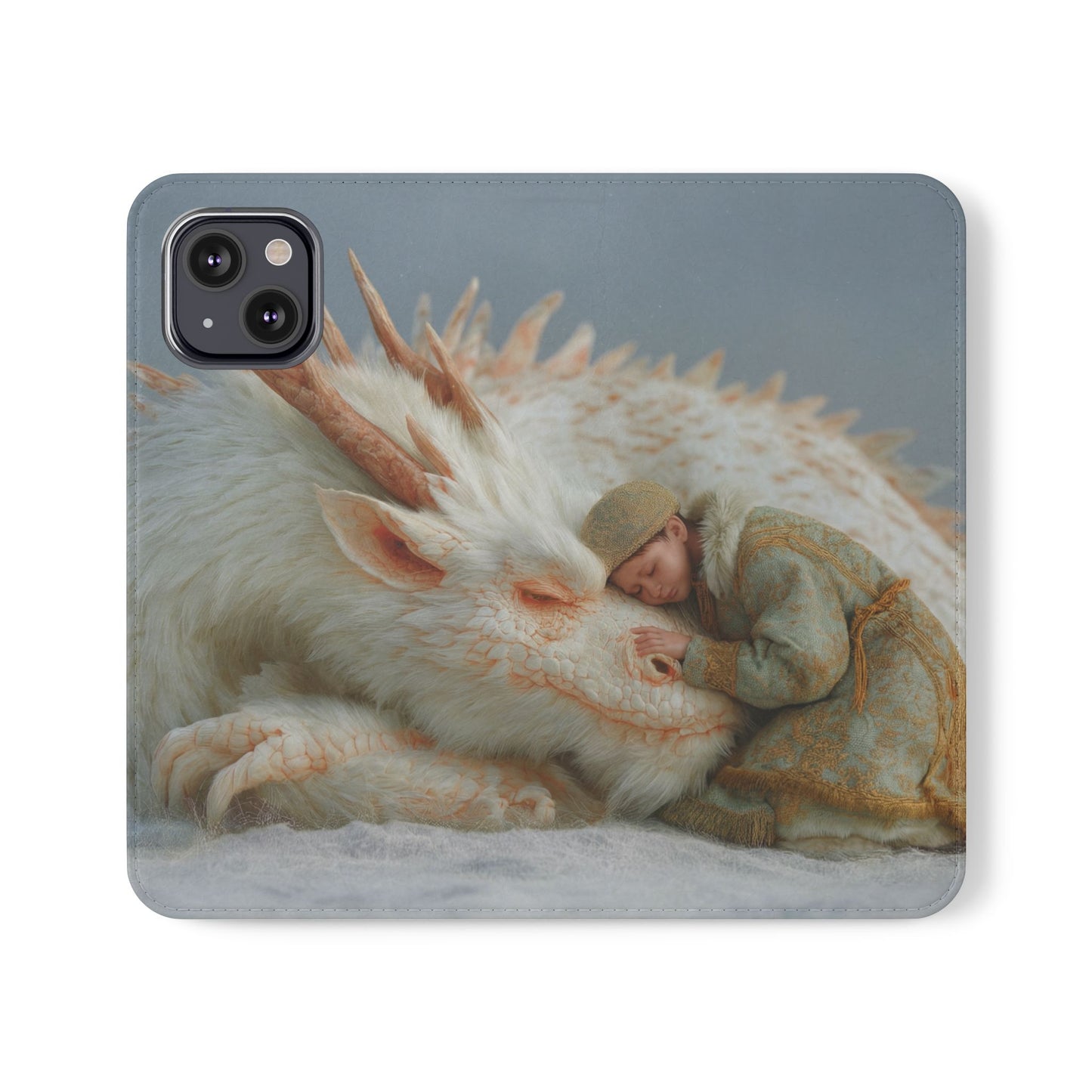 Sleeping Child and Dragon Flip Cases – Snowy Guardian Embrace