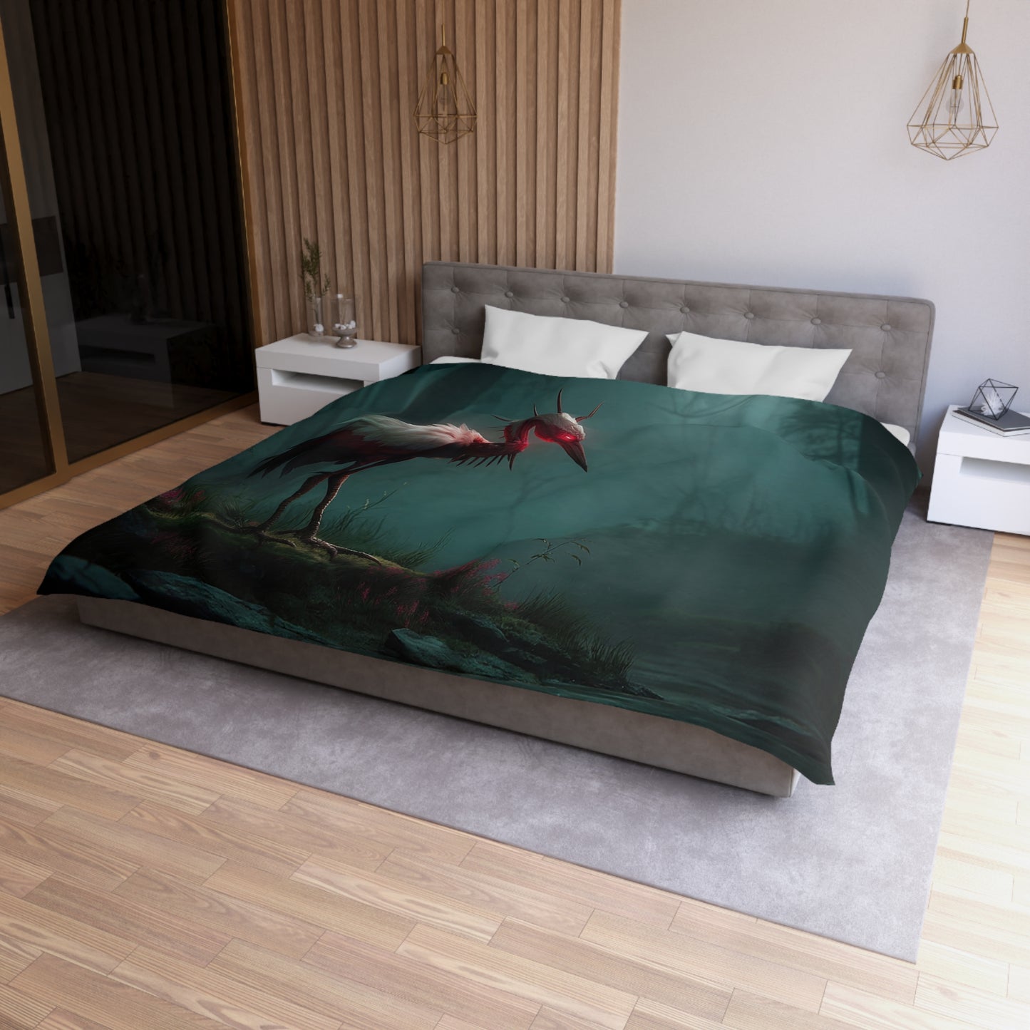 Crimson Sentinel Crane Microfiber Duvet Cover – Whispering Forest Guardian