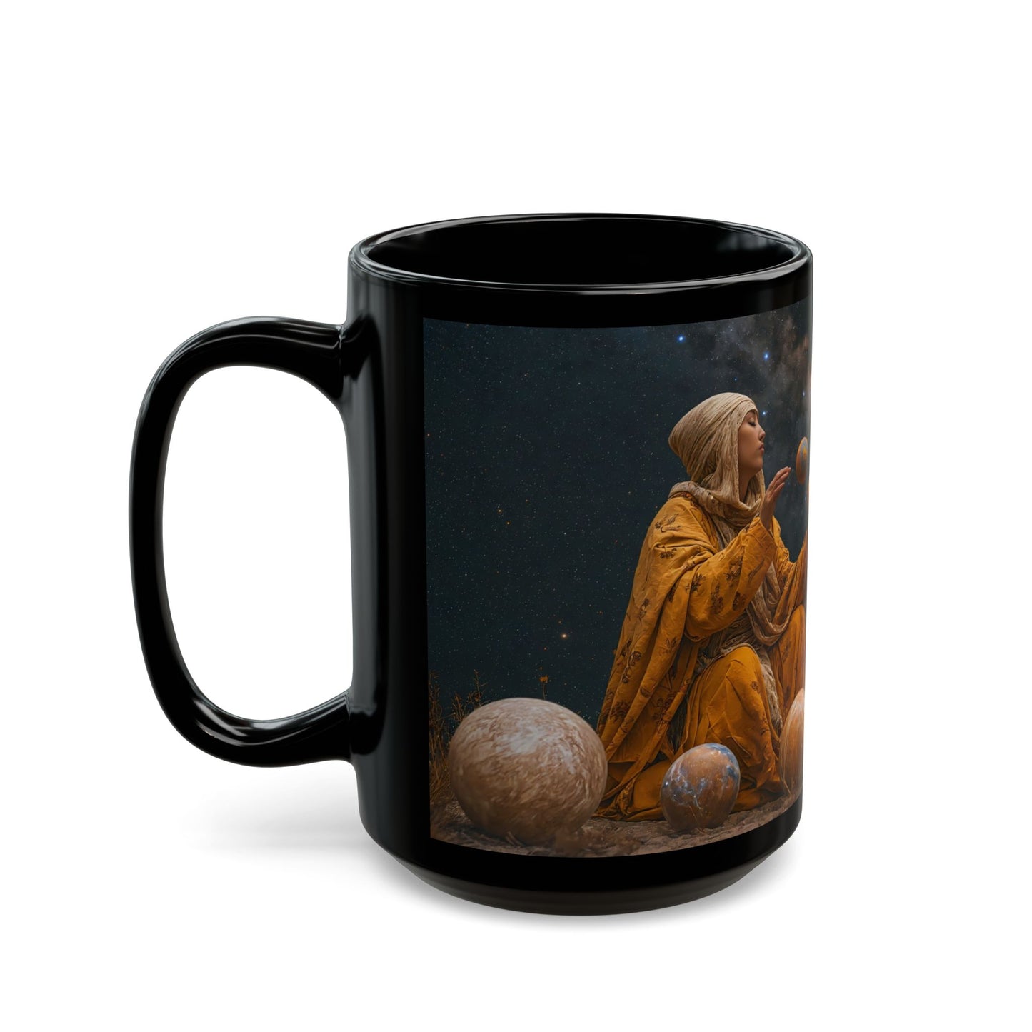 Celestial Weaver Black Mug – Cosmic Threads in Amber Robes