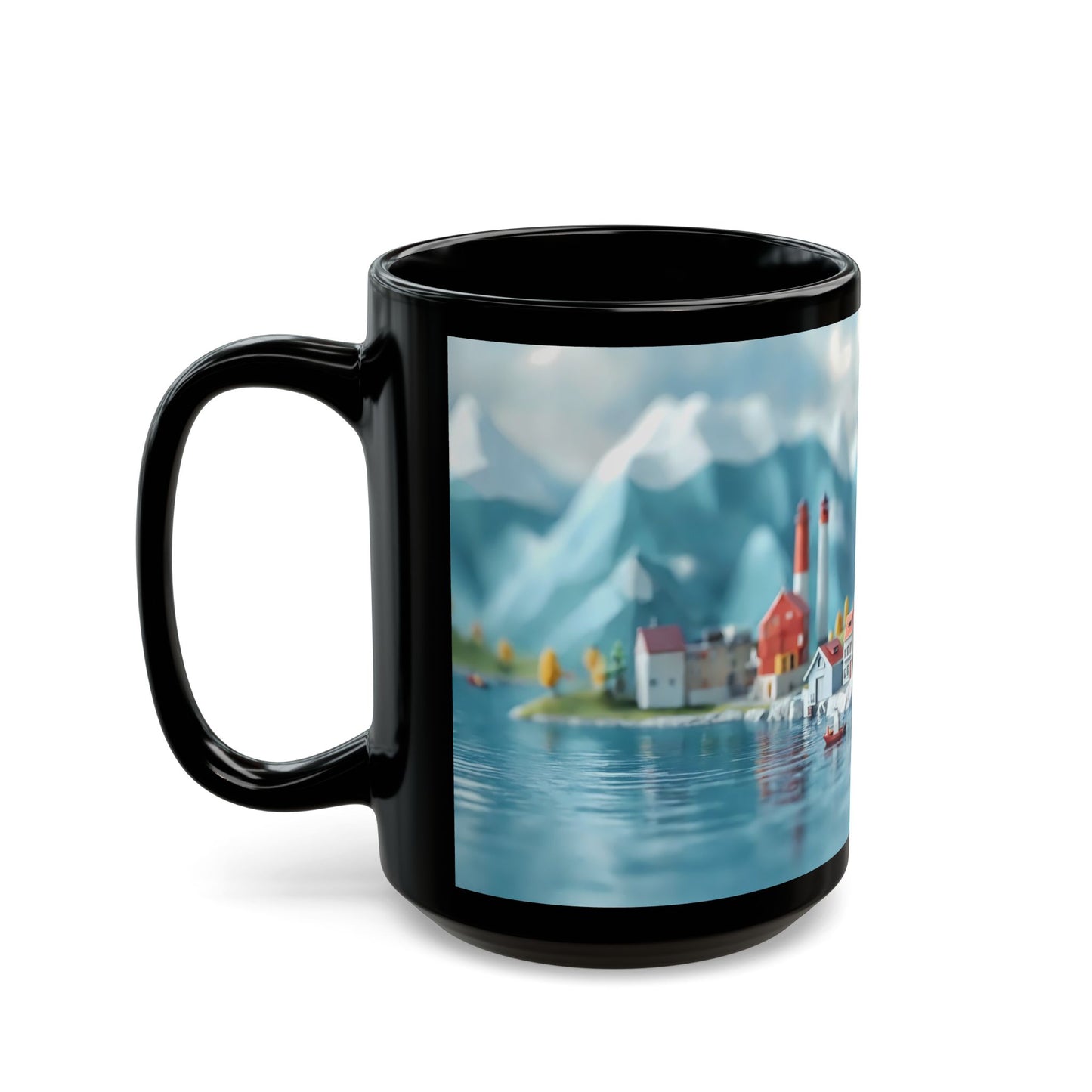 Alpine Harbor Black Mug – Snow-Capped Peaks & Harbor Life