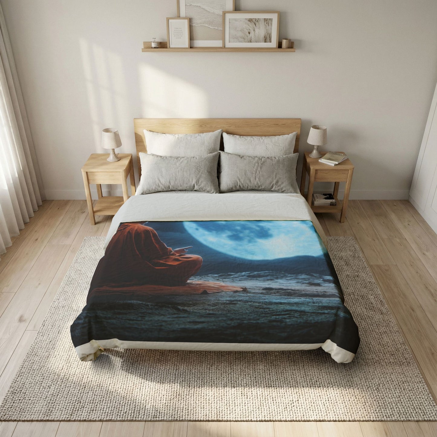 Moonlit Monk Cotton Duvet Cover – Stillness Beneath the Celestial Glow