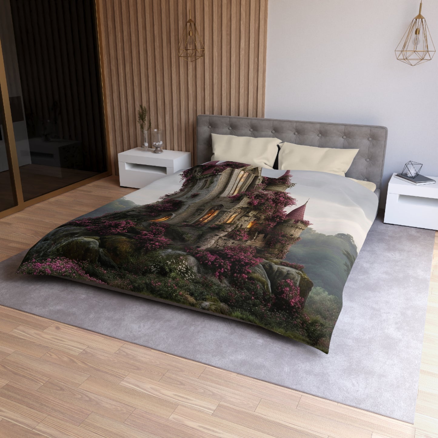 Rose-Covered Castle Microfiber Duvet Cover – Whispers of the Misty Vale