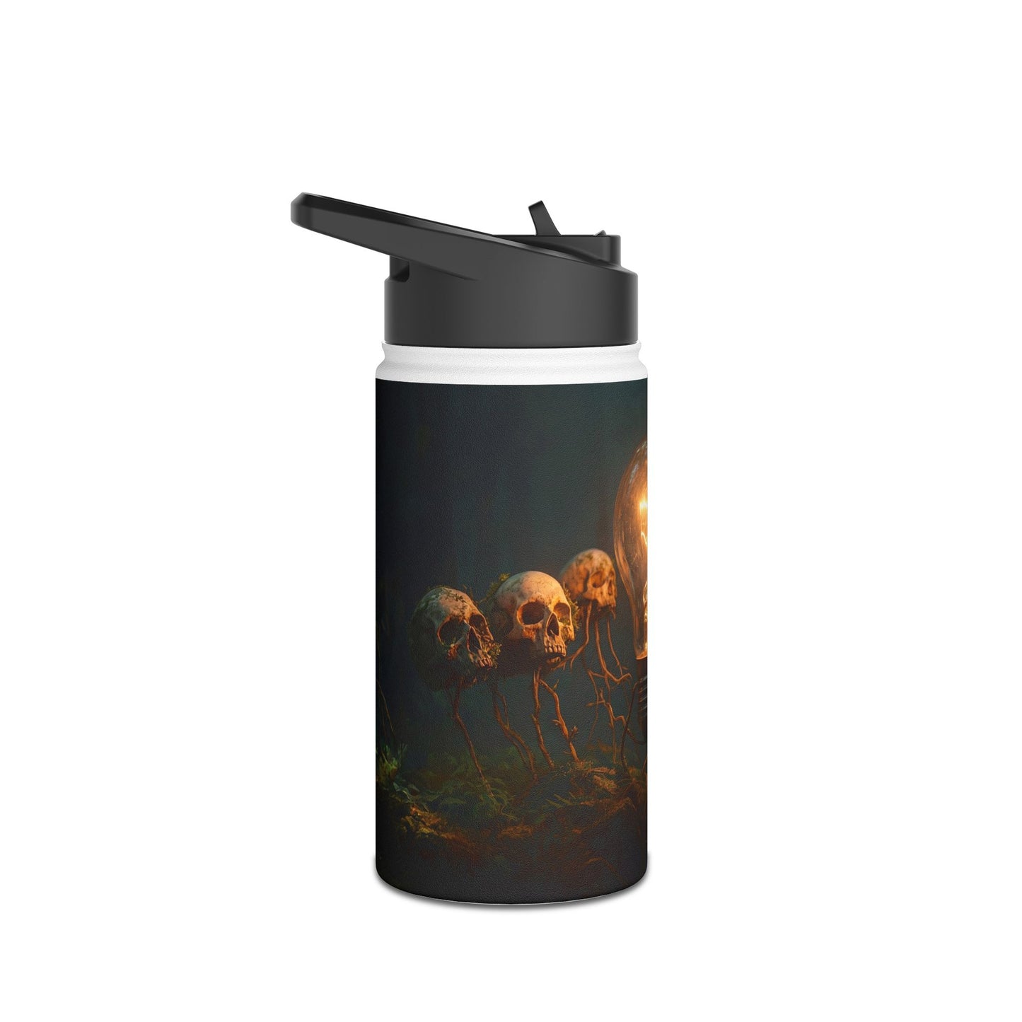 Glowing Lightbulb in Haunted Forest Stainless Steel Water Bottle, Standard Lid – Illuminated Wisdom Among the Ancient Bones