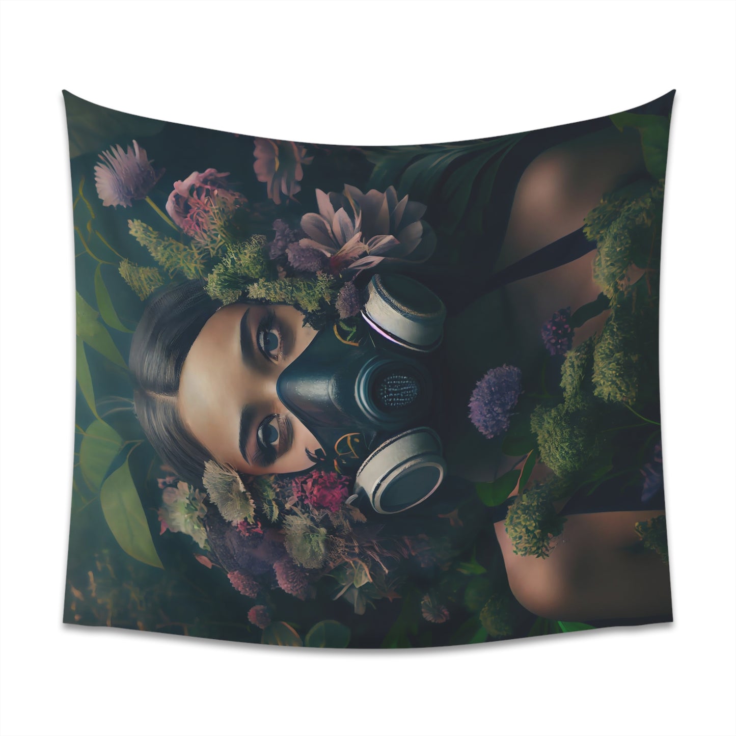 a beautiful woman wearing a gas mask filled with plants and flowers and moss - Printed Wall Tapestry