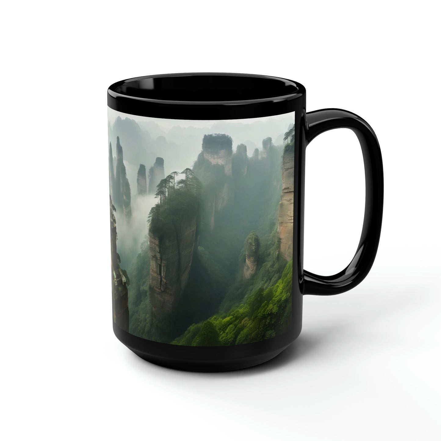 Captivating panoramic image of the Zhangjiajie National Forest Park in China, showcasing the towering sandstone pillars shrouded in mist - Mug, Black