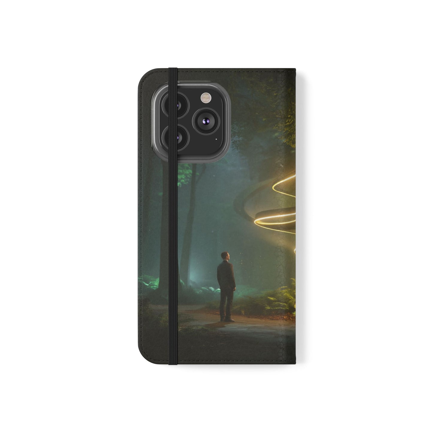 Luminous Spiral Forest Flip Cases – Golden Light Rings Mystery Scene