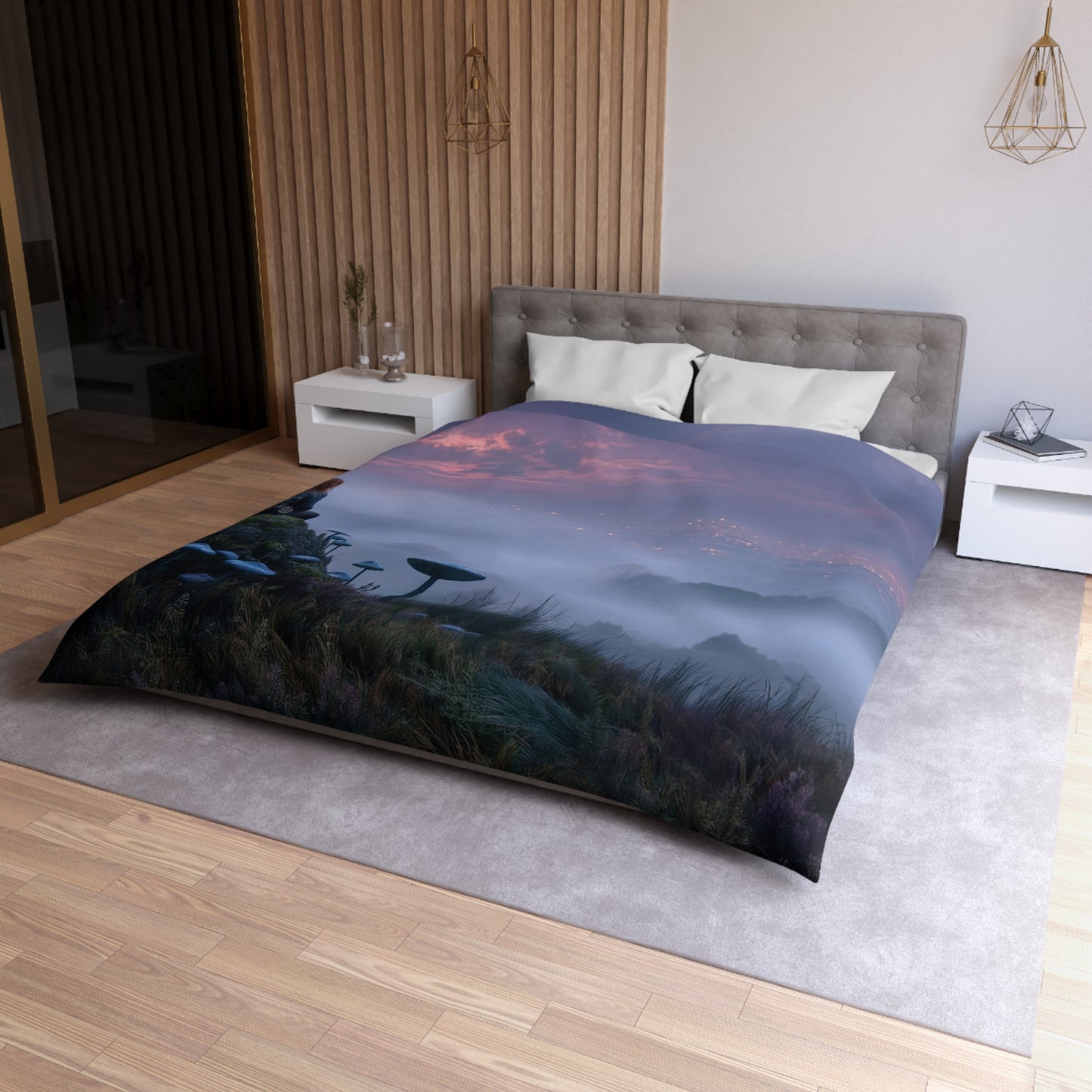 Moonlit Wanderer Microfiber Duvet Cover – Twilight Vista with Bioluminescent Fungi