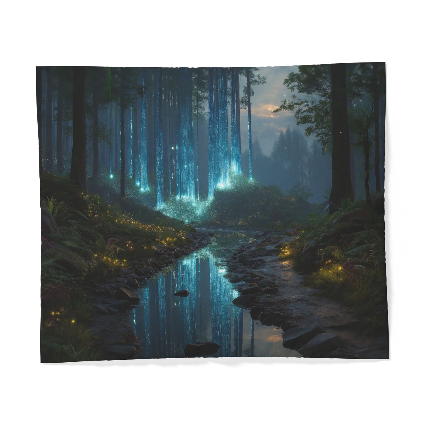 Bioluminescent Grove Cotton Duvet Cover – Twilight Stream & Neon Tree Canopy
