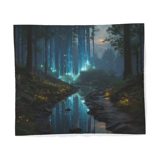 Bioluminescent Grove Cotton Duvet Cover – Twilight Stream & Neon Tree Canopy