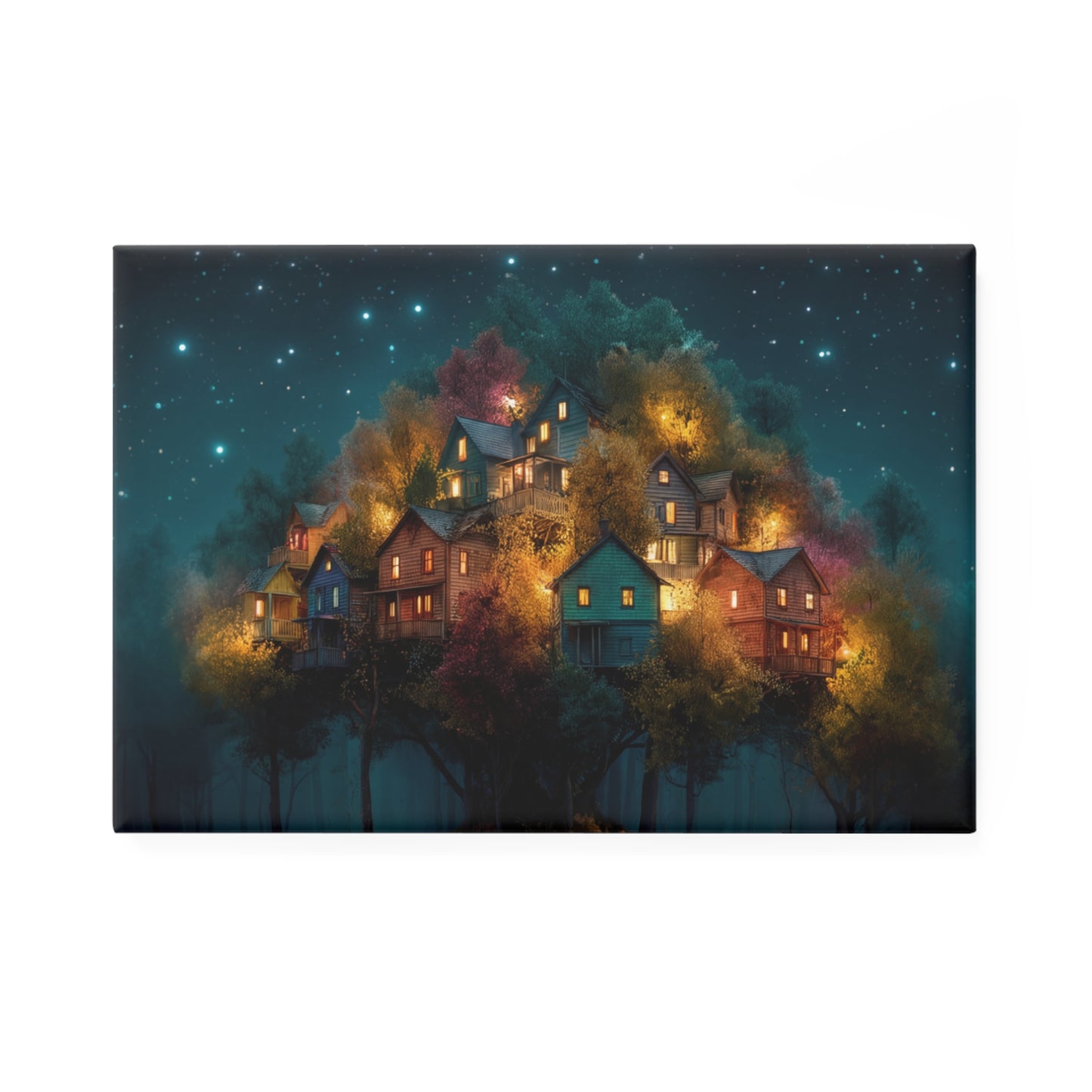 Starlit Hillside Village Button Magnet, Rectangle (1 & 10 pcs) – Warm Lights in the Twilight Woods