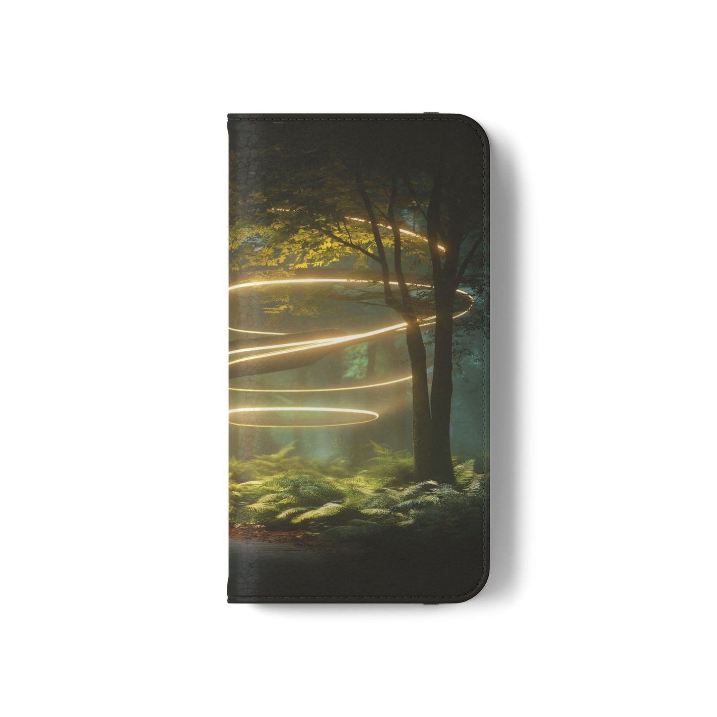 Luminous Spiral Forest Flip Cases – Golden Light Rings Mystery Scene