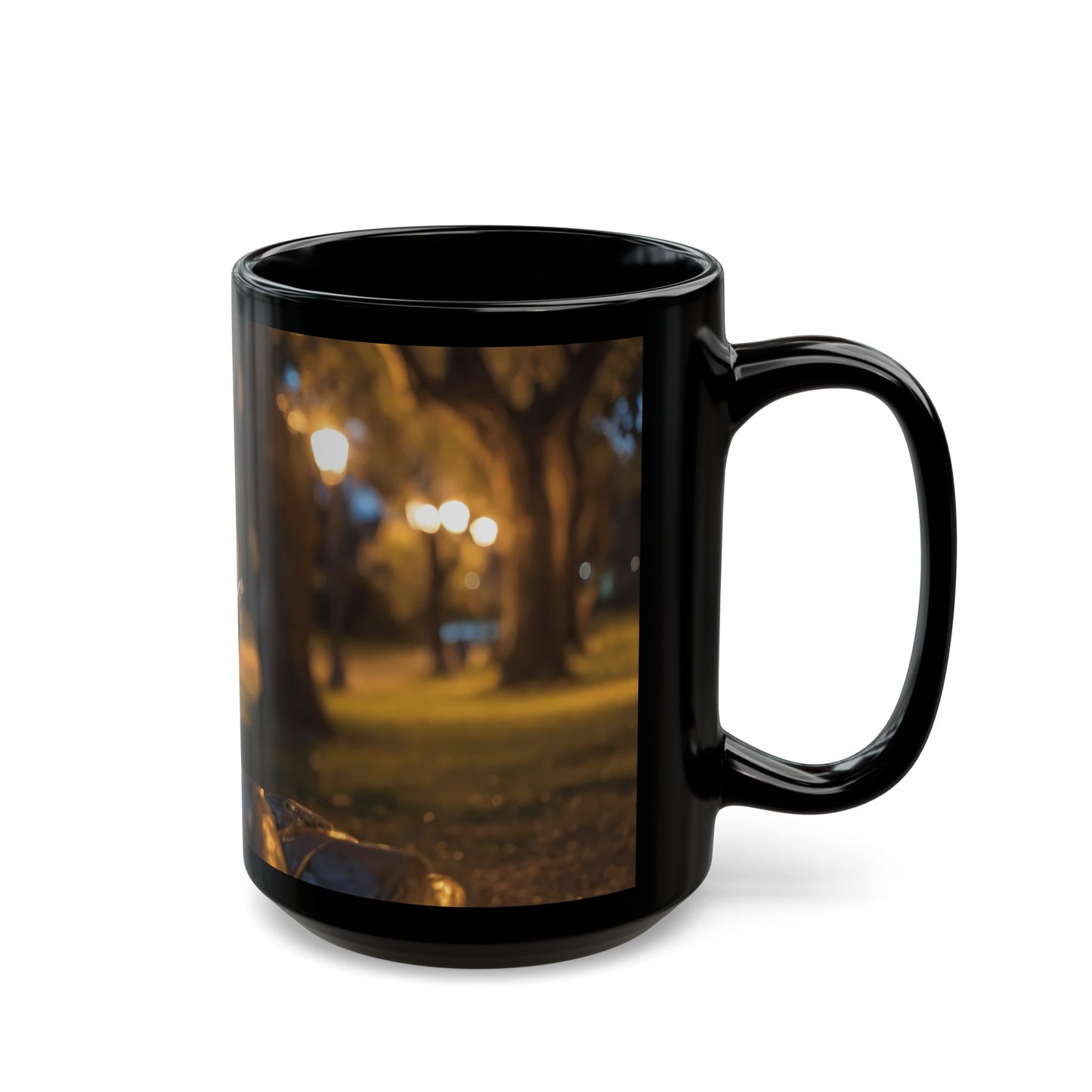 Bronze Statue with Smartphone Mug – Twilight Park Bench Digital Muse