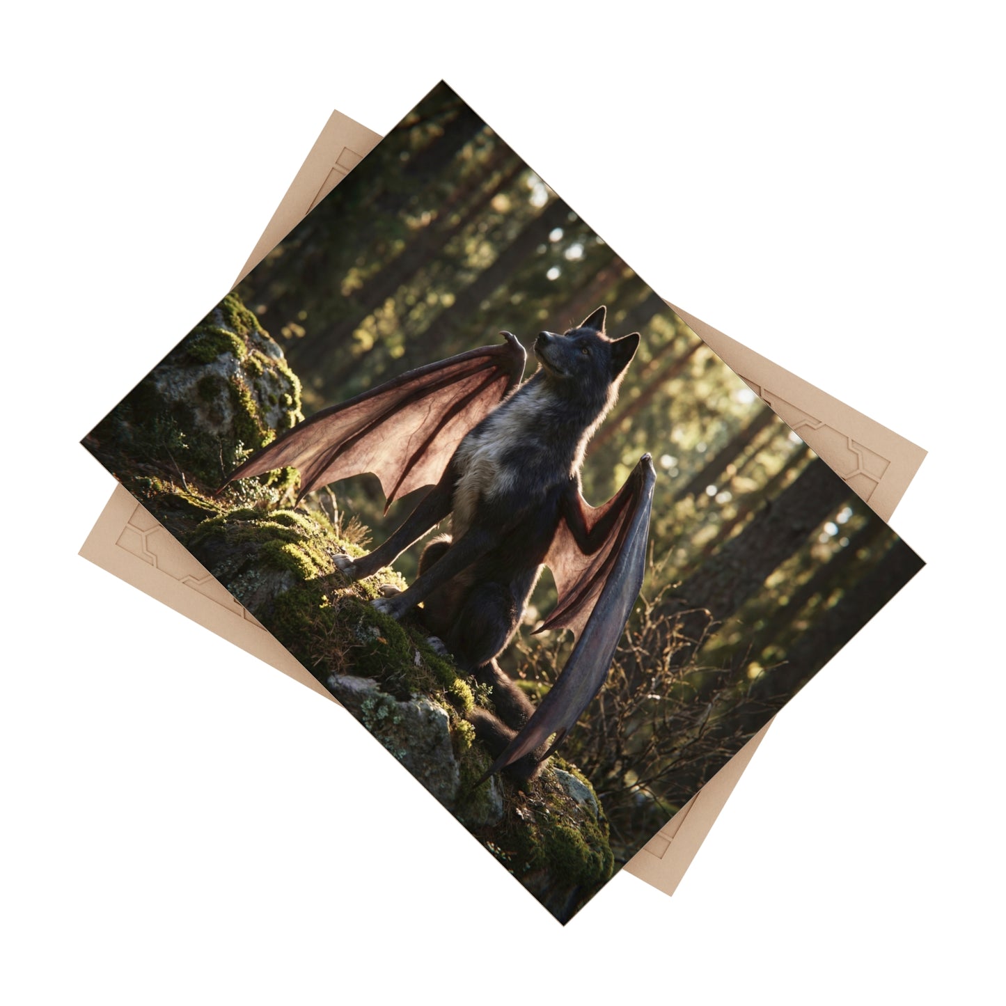 Winged Wolf in Sunlit Forest Ceramic Photo Tile – Guardian of the Mossy Glade
