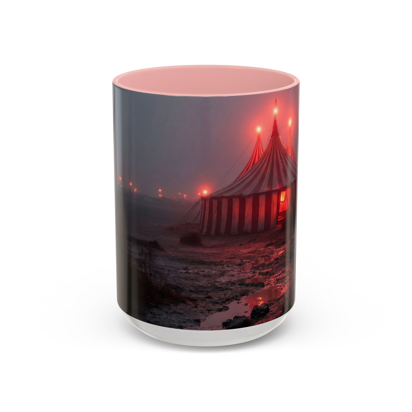 Crimson Circus Tent Accent Coffee Mug (11, 15oz) – Fog-Drenched Midnight Wonder