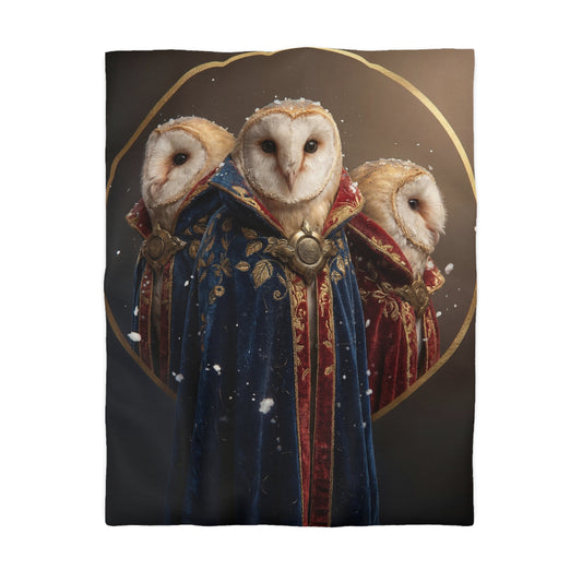 Three Wise Owls Duvet Cover – Velvet Regalia in Snowfall