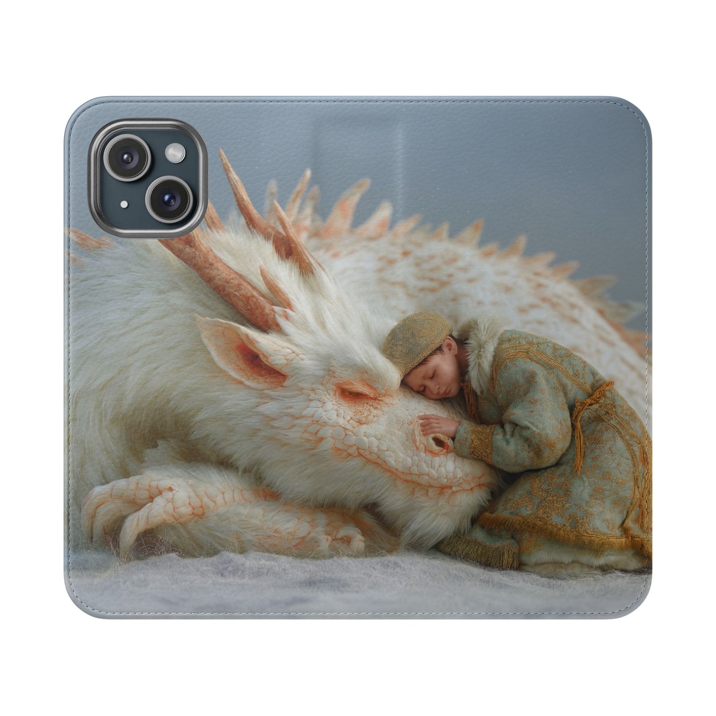 Sleeping Child and Dragon Flip Cases – Snowy Guardian Embrace