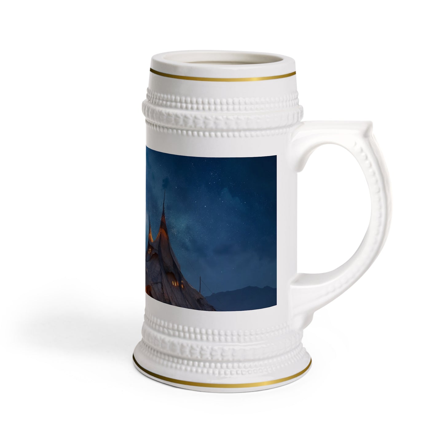Starlit Campfire Stein Mug – Glowing Canvas Tent Under Milky Way