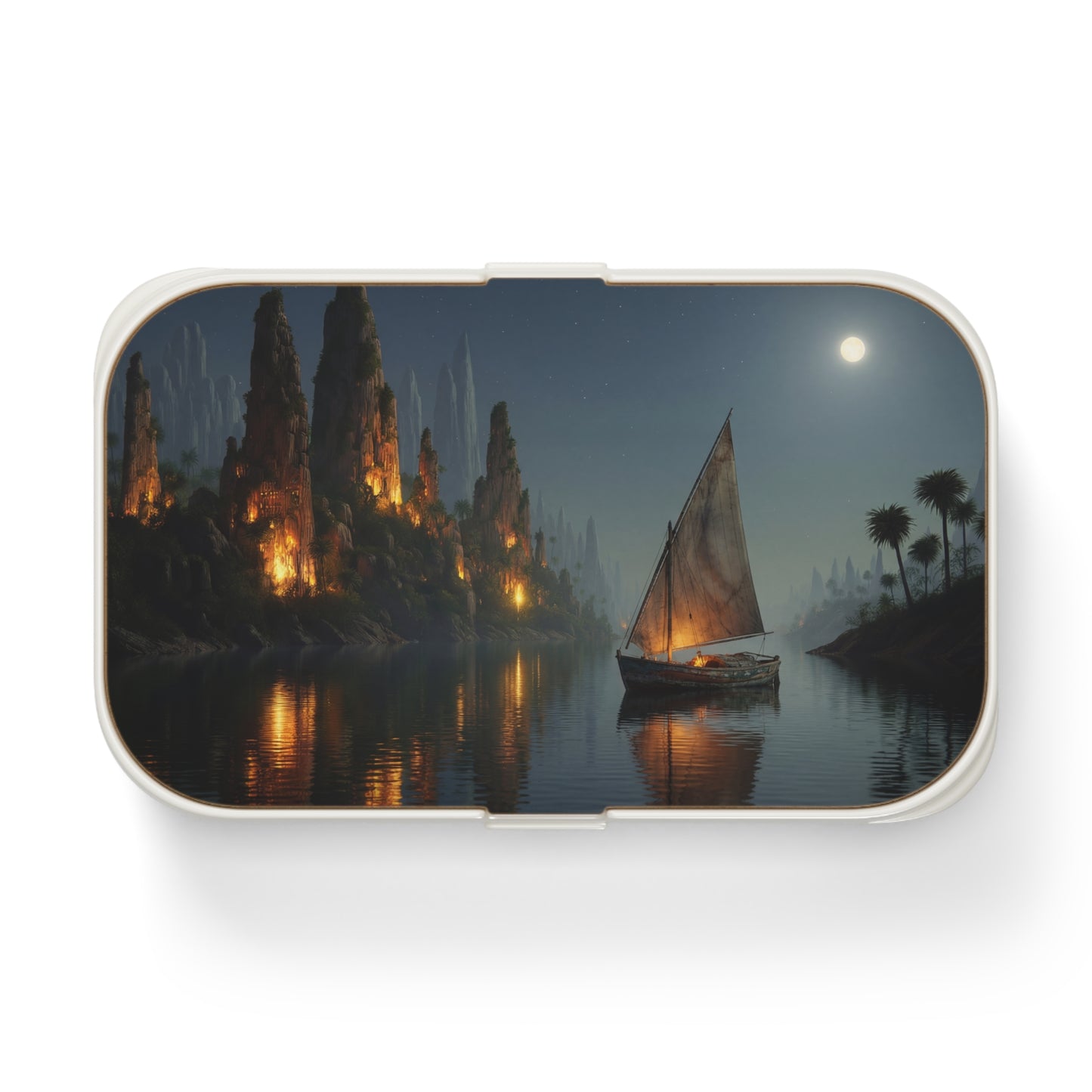 Moonlit Sailboat Bento Lunch Box – Serene River Journey Under Stars